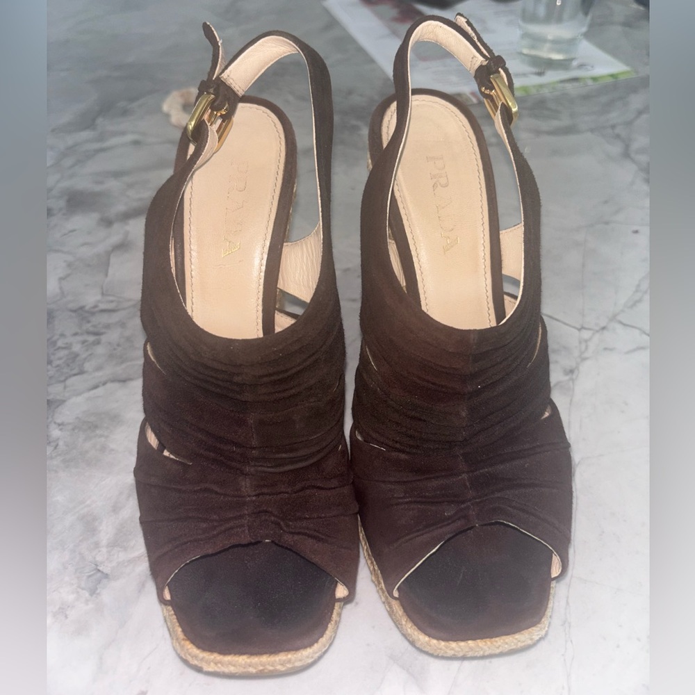 Prada Brown Suede Espadrille Slingback Wedges